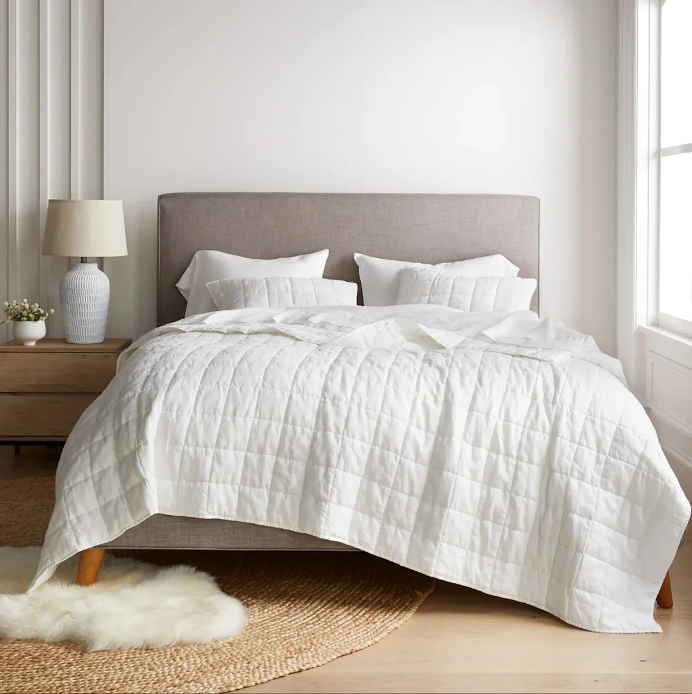 European Linen Box Quilt In White Full/Queen